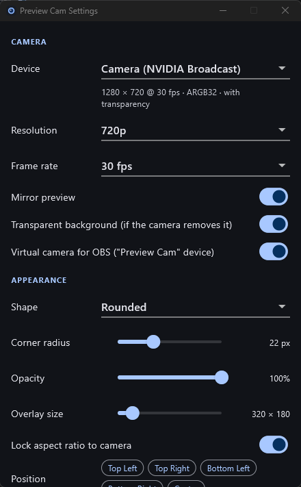 The settings window